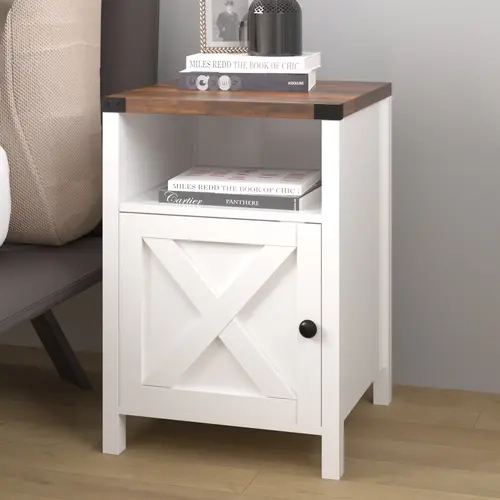 HOMBCK Rustic White Farmhouse Wood Nightstand - Bed Side Tables with 0.7" Thickened Board, Open Shelf, Barn Door, Sturdy Base, Space-Saving Tall Design - Furniture for Small Spaces, Fits Display Lamp & Plant, Requires Setup, for Bedroom, Living Room