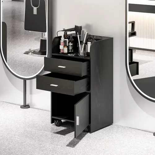 HOMBCK Minimalist Wood Salon Station Cabinet - 2 Drawers, Large Cupboard, Dryer & Beauty Tools Storage, Metal Accents, Rolling Wheels, Assembly Required, Commercial Barber Shop Use, Tidy Workspace, Modern Indoor Furniture