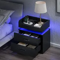[Summerwins] HOMBCK LED Nightstand with Charging Station, Modern Black Night Stand  Storage Drawers, End Side Table for Living Room #summer garden,fathers day gift ideas