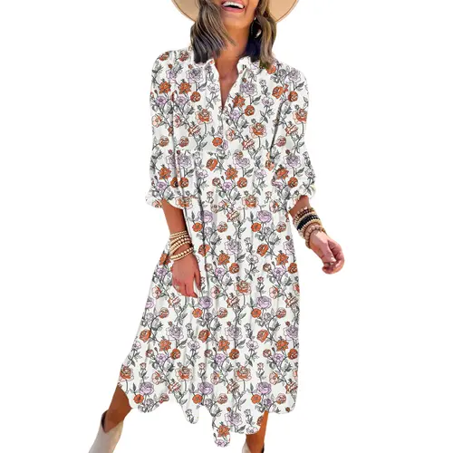 Dokotoo Women's Casual Bohemian Floral Dress 2026 V-Neck Long Puff Sleeve Midi Dress Soft Fabric Comfortable Summer Dress - Womenswear