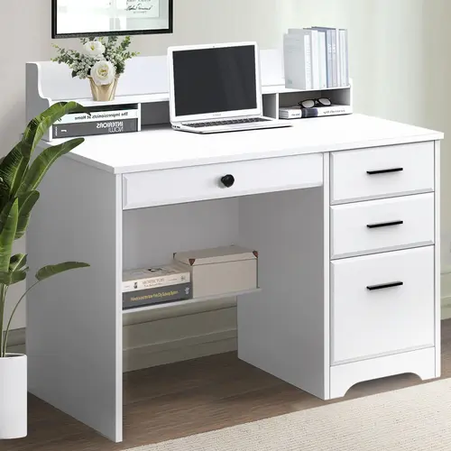 HOMBCK Sturdy Computer Laptop Desk - White Compact 20.5"d x 44"w x 38.5"h Classic Wood Grain Home Study Table with 4-Drawer Storage, Neck Pain Relief Hutch, Durable Assembly Required Furniture for Bedroom Use