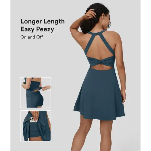Halara SoftlyZero Airy Backless Twisted Flare Low Support Dance Active Dress-Longer Length-Easy Peezy Edition A-D Cups