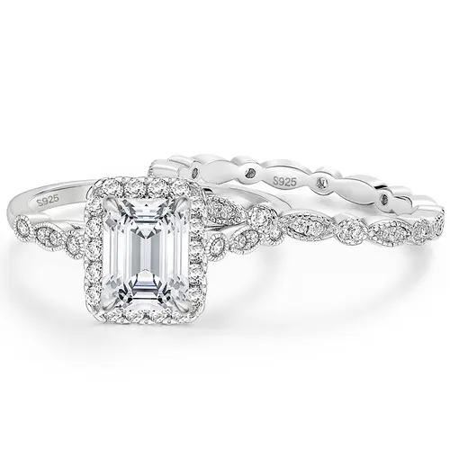 EAMTI 2CT 925 Sterling Silver Bridal Ring Sets Emerald Cut CZ Engagement Vintage Rings Marquise Wedding Bands for Women