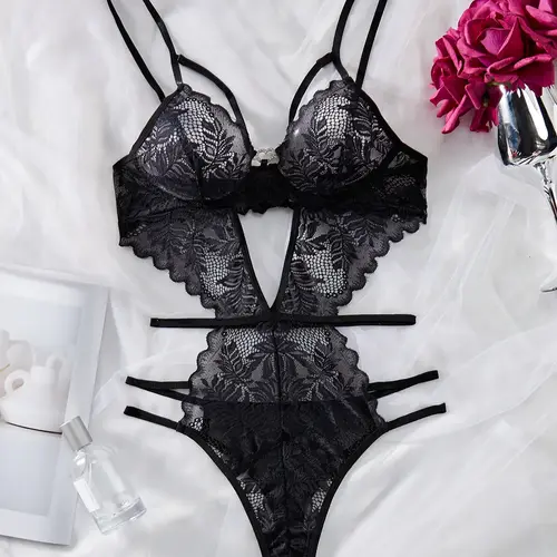 Women's Solid Cut-Out Sheer Lace Lingerie Bodysuit, Fashion Comfy Sexy Breathable Bodysuit for Daily Wear, Women's Sexy Lingerie for All Seasons, Lace Nightwear, Underwear, Breathable Fabric Lingerie, Lace Cutout Bodysuit, Lacy Bodysuit