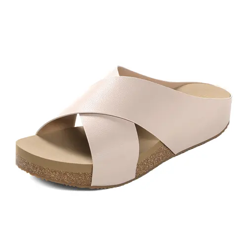 DREAM PAIRS Women's PU Cork Slip-On Sandals - Open-Toe, Crisscross, 0.75in Heel, 1.6in Cozy Platform Footwear - Summer Casual Outdoor Walking Shoes for Women, Beach Sandals