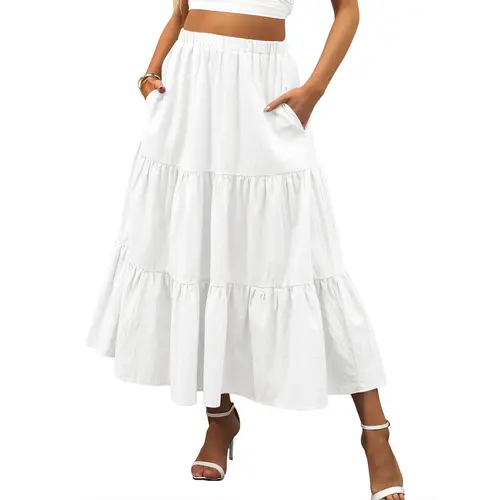 ANRABESS Women’s Summer Boho Elastic Waist Pleated A-Line Flowy Swing Tiered Long Beach Skirt Dress with Pockets