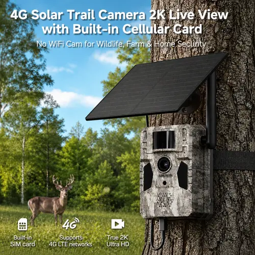 [TechVibes]4G LTE Solar Powered Hunting Trail Camera - 2K Video, 0.1s Fast Trigger, Low-Glow Infrared Night Vision, IP66 Waterproof, Wireless APP Remote Control, Built-In Cellular Card, No Wi-Fi (Requires 4G Unlimited Data Plan Activation)