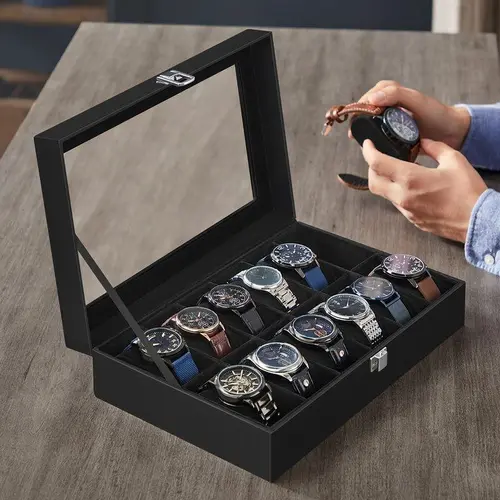 SONGMICS Black Polyurethane & Engineered Wood Wristwatch Storage Box - Standalone, Multi-Slot Jewelry Organizer, Large Glass Lid, Removable Pillows, Metal Clasp, 1-Hand Opening, Ideal Father’s Day/Anniversary Gift (No Watch Included)
