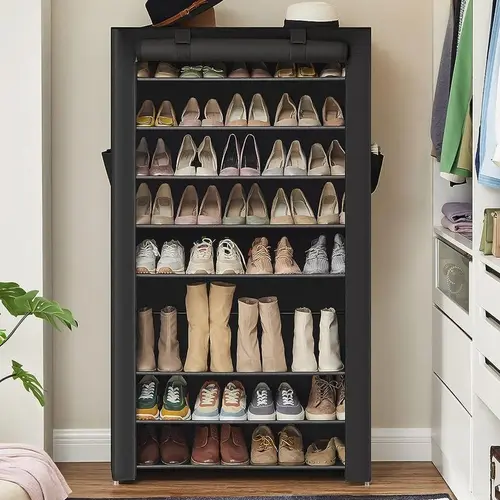 SONGMICS Metal Tube Shoe Rack Organizer - 7/9-Tier (10 Shelves) Vertical Rectangular Organizer Storage with Nonwoven Fabric Cover, Wall Mount, 1 Anti-Tipping Kit, 2 Side Pockets, 2.7 kg/6.6lb Indoor Furniture for 40-50 Pairs (Sneakers, High Heels)
