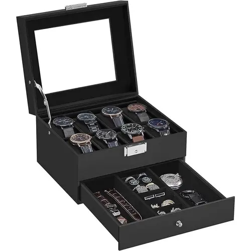 SONGMICS HOME 2-Layer Lockable Black Synthetic Leather Desktop Jewelry Box & Organizer - Glass Lid, Soft Shape Guard, Drawer for Rings/Bracelets, Clip On, Bedroom Anniversary Gift for Jewelry Organization