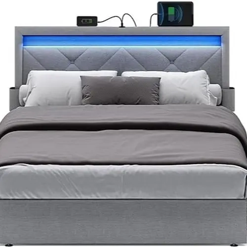 SONGMICS Queen Size Upholstered Bedroom Bedframe - Stainless Steel LED Storage Bedframe with 25-Color LED Mood Lighting, Adjustable Headboard, 4-Drawer Storage, 1 USB Port, 1 Type-C Port, Space-Saving Modern Indoor Furniture