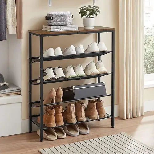SONGMICS Freestanding Shoe Storage Rack for Entryway - Antitip Kit Incl, 16-20 Pairs, Sturdy Steel+Wood Frame, 11.8" Narrow Fit, 16.8lb-60lb Capacity, 36.6" Tall Reach, Large Size Industrial Indoor Furniture