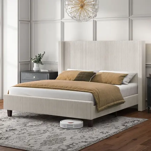 Amerlife Winged Channel Tufted Upholstered Platform Bedframe - Corduroy King/Queen Size, 50.8" Headboard, Solid Wood Legs, 12-Wood Slats Support Mattress Platform Base, 1000lb Capacity, No Box Spring Needed Indoor Bed#TikTokShopFallDealsForYou
