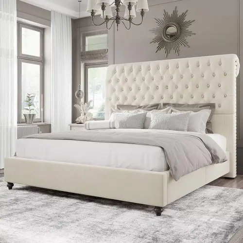 Amerlife Sturdy Velvet Upholstered Classical Low Profile Wood-Metal Platform Bed Frame - 52.8" Tall Button-Tufted Sleigh Headboard, Silent, Space-Saving, No Box Spring Needed, Easy Assembly, No Fire Safety Label, Ideal Christmas Gift