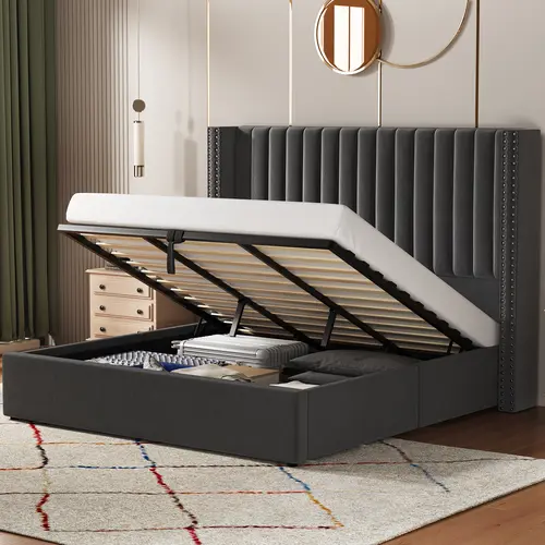 AMERLIFE Velvet Upholstered Tufted Headboard Lift-Up Hydraulic Storage Bed Frame - Wooden Bed Frame, 50.1" Headboard, Silent-Bar, 8-14" Mattress Fit, Supports 8-14", Stable, No Box Spring Needed, Easy Assembly, Christmas Gift Idea