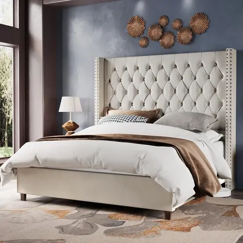 AMERLIFE Velvet Upholstered Bed with Headboard - 61.4" Tall Diamond Tufted, Winged, Oversized Nailhead, Solid Wood, Metal Frame, No Box Spring Needed, 8-17" Mattress Fit, Handcrafted Pleat, Detailed Instruction, Assembly Required, Modern Indoor Furniture