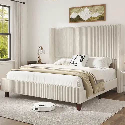 AMERLIFE 61" Soft Corduroy Queen Wood Bed Frame - Upholstered Vertical Stripe Indoor Furniture, 2.6" Headboard Pad, 61" Wingback Rest, Solid Legs, 12 Slat Stability, 1.5h Assembly, Box-Spring Free, Christmas Gift Idea