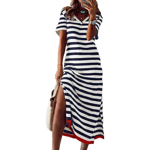 Dokotoo Summer Dress Casual Womens Fashion Short Sleeve Maxi Dress T Shirt Dress Striped Long Color Block Maxi Dress