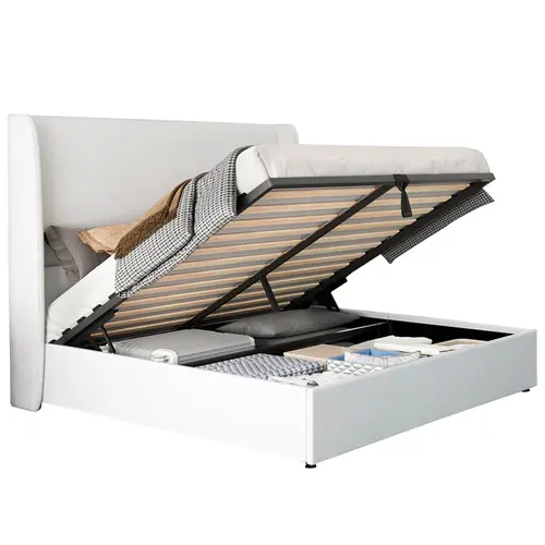 AMERLIFE Queen Size Upholstered Platform Bed Frame - Linen Fabric, Hydraulic Storage, Modern Wingback Headboard, Solid Steel Structure, 40% More Capacity, Less Box Spring Fuss, Assembly Required, Christmas Gift Idea, Bed Frames for Queen