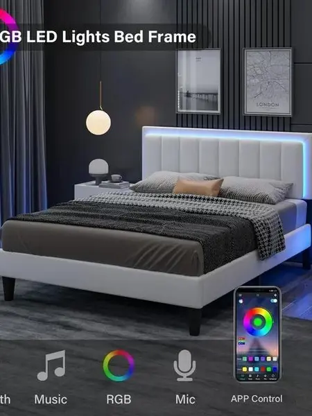 [Summerwins] HOMBCK Led Bed Frame, No Mattress, Soft Modern Bed Frame with Luxury Leather Headboard, APP Adiust the Light, No Box Spring Needed #summer garden,fathers day gift ideas