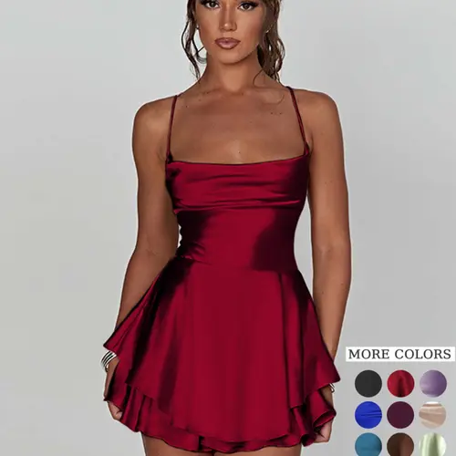Women's Plain Lace Up Backless Tiered Layer Stretchy Satin Cami Dress, Summer Clothes Women, Womenswear, Elegant Chic Cowl Neck Sleeveless A Line Short Dress for Party Holiday Wedding Guest Formal Wear, Dresses for Women