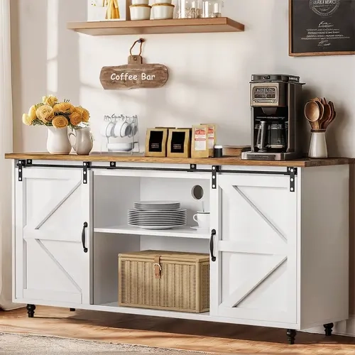 HOMBCK Farmhouse Rustic Wood Coffee Bar Cabinet, 58 in Durable Kitchen Buffet Sideboard with Sliding Door, Adjustable Shelf, Coffee Maker Storage, Labeled Parts, Assembly Required, No Fire Safety Label, White #SohoChic #Homemakeover (for Dining Room)