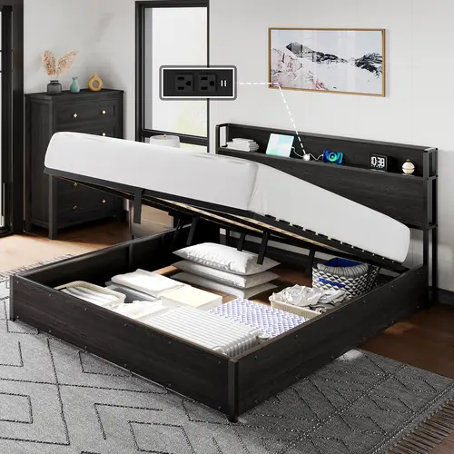 Amerlife Classic Gas-Lift Storage Bed Frame - Wooden Elevated, Durable, Easy-Setup with Headboard Charging, Hidden Room Storage, Floor-Space Reclaimed, Rounded Edge Safety, USB Port & Outlets, No Spring Box Needed, Noise-Free, Gift Idea, Assembly Required
