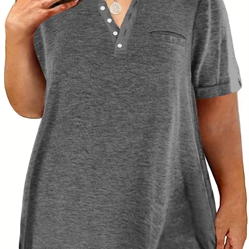 Plus Size Plain Buttons Pocket Round Neck Tee, Summer Clothes Women, Casual Fashion Short Sleeve T-Shirt for Summer, Women's Plus Clothing for Daily Wear, Daily Wear Top