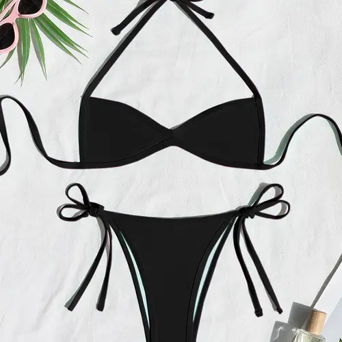 Women's Two-piece Plain or Colorblock Bikinis Set for Summer, Halter Tie-Back Bikini Top & Tie-Side High-Cut Bikini Bottom, Ladies Summer Swimwear for Beach Holiday, String Bikini