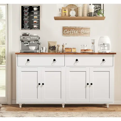 HOMBCK 55'' Mid-Century Sturdy Wood Sideboard Buffet - Modern Storage Cabinet, Upright Kitchen Furniture, Cupboards Cabinets Dresser with 2 Drawers, 4 Doors, Shelves (Coffee Bar Storage Organizer Kitchen Furniture) #SohoChic#Homemakeover