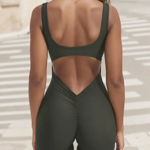 Women's Solid Cut Out Backless Ruched Sports Romper with Removable Chest Pad Design, Summer Sports Jumpsuits, Backless Sports Jumpsuit, High Stretch Sleeveless Scoop Neck, Stretchy Sports Jumpsuit