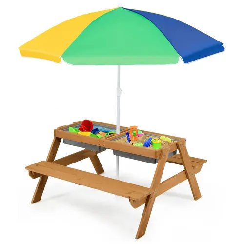 Costzon Kids Foldable Picnic Table Set - Outdoor Table and Chairs, Height-Adjustable Umbrella, Sand & Water Function, Wooden Backyard Gear, Summerwins , Foldable Picnic Tables Gift Season BlackFriday Friends Giving