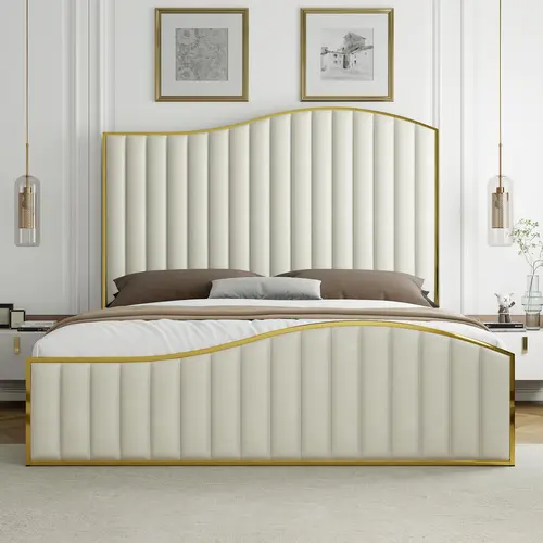 Amerlife Modern Sturdy King Size Platform Bed Frame - Velvet Upholstered with Golden Plating Trim, 61.4" Height Vertical Channels Headboard & Footboard, Silent, No Box Spring Needed, Elegant Bed Frame #SohoChic, Modern Bed Frame