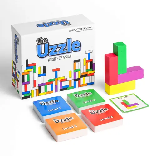 The Uzzle Stack Royale – Fast-Paced Strategy Board Game | Ages 4+ | 160 Challenge Cards | 32 Colored Wooden Blocks | 4 Difficulty Levels Family Game