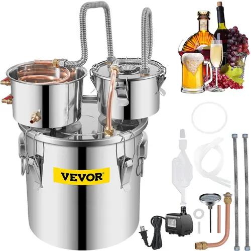 VEVOR 50L (13.2 gal) 15.7"x15.7" Stainless Steel Water Wine Distiller Kit - Silicone Parts, Copper Tube, Double Thumper Keg with Circulating Pump, Built-in Thermometer - DIY Spirits, Oils, Ethanol Maker for Homebrew Wine, Brandy, Rum, Tequila