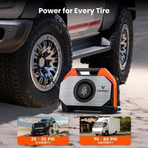 ETENWOLF VORTEX S6 Heavy Duty Wireless Tire Inflator - Portable Compressor, 160 PSI Max, 19200mAh Lithium Battery, 100% Duty Cycle, 45W USB-C Dual-Direction Fast Charging, 1000 Lumens LED Light, Ultra-Fast Tire Inflation Pump for Pickup, SUV, Car