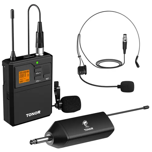 TONOR UHF Wireless Microphone System - Adjustable Headset/Lapel Lavalier Mic, Rechargeable Receiver, 15 Channels, 200ft Range, Stable Connection, Lightweight, 6-8hrs Battery, 3.0"x2.0"x1.2" Audios for Live Performance, Wedding