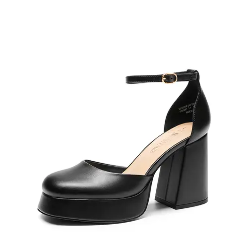 Dream Pairs Women's Classy Synthetic Satin Platform High Heels Footwear - Square Toe, 4in Chunky Block Heel, 0.8" Platform Lift, Adjustable Ankle Strap, Enhanced Support, Comfortable Party Shoes