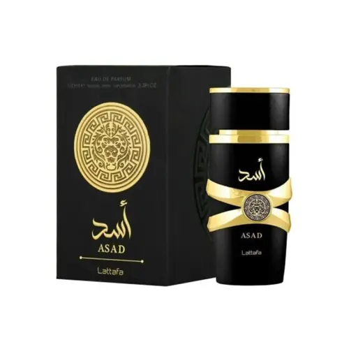 LATTAFA ASAD Arabian Perfumes EDP Spray - 3.4 FL.OZ/100ML Alcohol-Containing Unisex Fresh Fragrance for Adults, 60-Month Shelf Life, Amber-Woody-Spicy Scent, Powder Notes