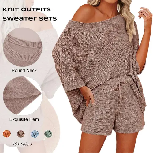 Imily bela Women's 2 Piece Outfits Sweater Sets Off Shoulder Knit Top Shorts Matching Suits Cute Pajama Lounge Set