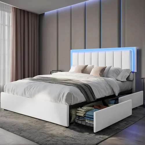 HOMBCK Queen Size Bed Frame with Storage - PU Build, Foam-Padded Headboard, 4 Drawer Storage, 12-Slat Stability, Music-Sync Lights, Foam-Quiet Design, No Box Spring Needed, Easy Assembly, Small-Space Saver, Mattress Not Included, Modern Indoor Furniture