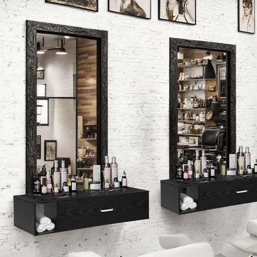 HOMBCK Sturdy Wood Wall-Mount Salon Equipment Storage Cabinet - 14.56''x28.7'' Drawer, Side Open Space, 3 Dryer-Ready Slots, 36'' Wide Tabletop, Assembly Required, Black Commercial Beauty Salon Furniture