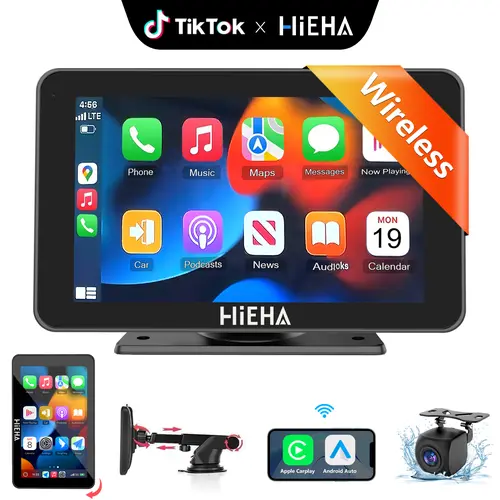 【HiEHA | DealsForYouDays】2026 Upgraded 7 Inch HD Wireless CarPlay & Android Auto Stereo with Suction Cup & Dash Mount, Rear Camera, Seamless Mirror Link/Bluetooth/GPS Navigation/Voice Control, Landscape/Portrait Rotation, Plug and Play