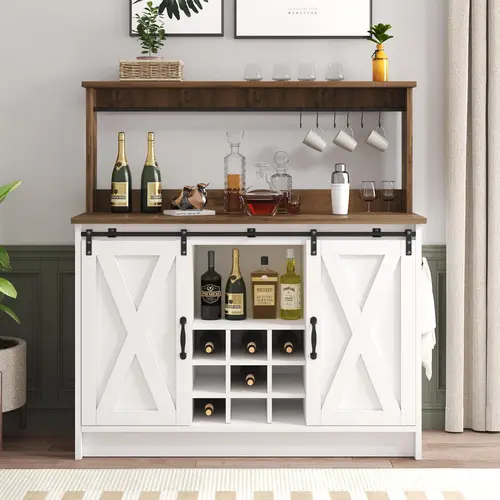 HOMBCK Sturdy Farmhouse Meets Modern Wood Coffee Bar Cabinet (47in) - Home Furniture with Sliding Barn Door, Easy-to-Clean Padded Top, Open Storage Shelves, Wine Buffet Organizer