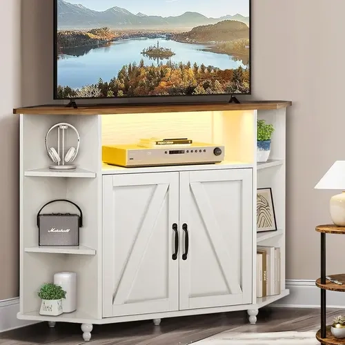 HOMBCK Modern Farmhouse Corner TV Stand - 55-Inch Console Table with Adjustable Shelf & 7-Shelf Storage, Sturdy Particle Board Entertainment Center for Living Room Decor