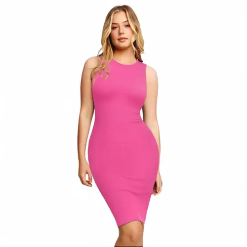 Popilush Women's Shapewear Midi Dress - Round Neck, Sleeveless, Soft Smooth Modal Ribbed Fabric, Casual Wear, Zipper-Enhanced, Comfy Womenswear Underwear