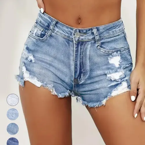 Women's Ripped Slash Pockets Jean Shorts Bottoms, Womens Summer High Waisted Light Wash Denim Stretchy Ripped,Casual Trendy Raw Hem Denim Shorts for Daily Wear, Ladies Summer Hot Shorts