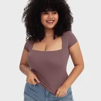 PUMIEY Square Neck Fitted T-Shirt, Snatched Double Layer Tee, Buttery Soft Stretch, Minimal Chic French-Inspired Basic summerwins