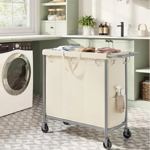 SONGMICS HOME Wheeled Laundry Cart Rectangular Rolling Laundry Hamper with Handle - Removable Water‑Repellent 600D Oxford Liner, Steel Frame, 4 Transport Wheels with Brake, Storage Organizer for Laundry Room