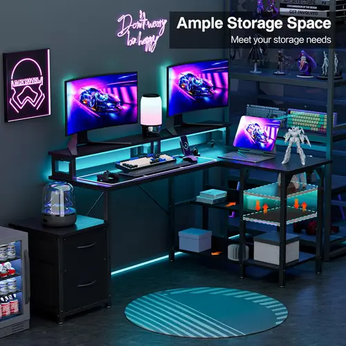 GTPLAYER Adjustable 68-Inch L-Shaped Gaming Desk - Reversible Corner Organization Desk with 68" Wide Work Zone, File Drawer, 2-Tier Shelves, Power Outlets, LED Lights, Assembly Required Workstation